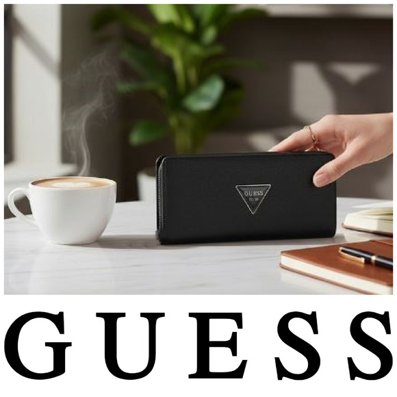 Vintage Y2K Guess Black Vegan Saffiano Leather Continental Trifold Clutch Wallet - Picture 1 of 8